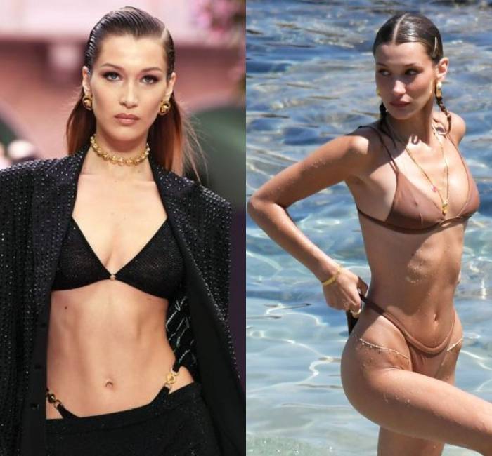 Two different pictures of Bella Hadid's fit and toned figure in a bikini