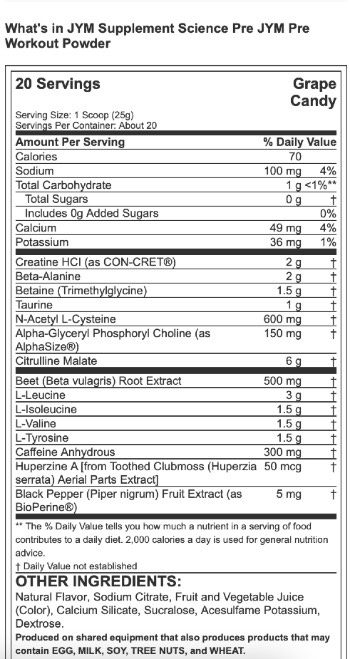 Pre JYM Ingredients Label and Nutrition Facts